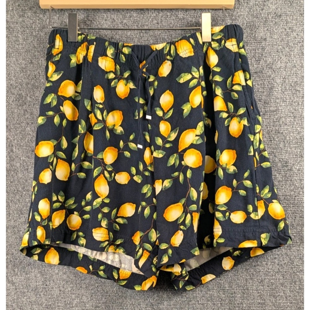 J.Jill Women's Lemon Print Pull-On Shorts Size S Navy Yellow Rayon Pockets